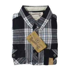Roebuck and Co Flannel Shirt Men Large Button Down Western Pockets Cotton Black